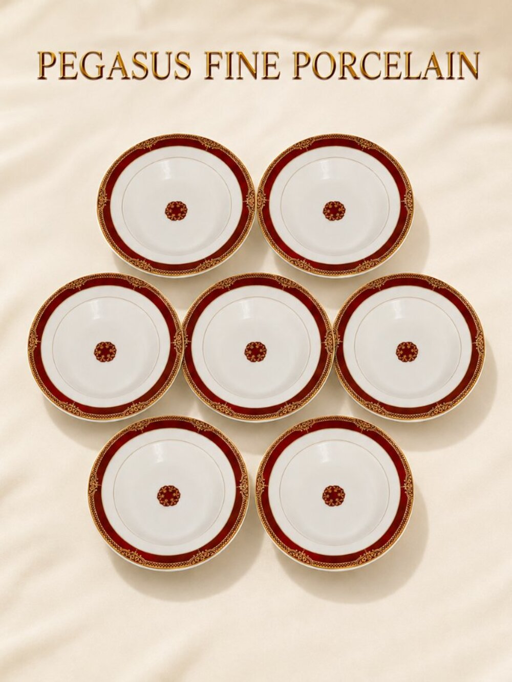 Vintage Pegasus Fine Porcelain Red Gold Rim Soup Bowls Set of 7